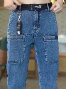 Trendy Mens Jeans Spring Fashion Multi-Pocket Straight Leg Long Work Pants Elastic Loose Fit Male Pants New Arrival