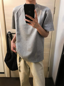 Light Grey Mens Summer T-Shirt Small Collar Cotton Spandex Short Sleeve Cleanfit Five Sleeve Standard Fit Fashionable Youthwear