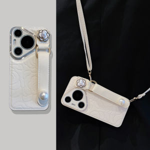 Luxury Leather Tea Rose Pearl Strap Phone Case for Huawei Pura70 Pro Women's Model: Full Cover Protection against Drops