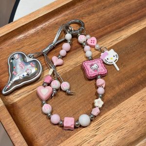 Sanrio | Kawaii INS Sanrio Hello Kitty Sweet Beaded Portable Phone Wrist Strap Keychain Bag Pendant Decorator Anti-lost Lanyard for Z 플립8