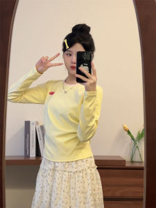 SMUB Gentle Wind Pink Lace round Neck T-Shirt Womens Slim Fit Long Sleeve Top Korean Style Creative Text Print Autumn New Arrival