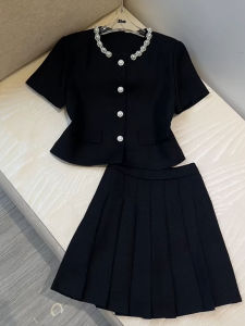 European Goods Classic Style Black Socialite Elegant Slimming Slim Fit Pull Cool Suit Female Summer Fancy Pleated Skirt Two-piece Set