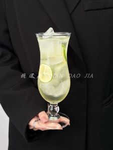 Trendy High Foot Glass Juice Cup Hurricane Drink Cup Soda Water Cup Bubble Tea Cup Nordic Style Transparent Single Layer Cup