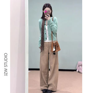 Korean Style Khaki Wide Leg Jeans Women Loose Slimming Drapey Straight Long Floor-Length Casual Pants High Waist Zipper Closure