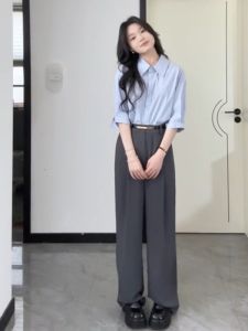 XIAOQIAOJIA | French Blue Striped Polo Short Sleeve Shirt Women Summer New Style Casual Maturity Versatile Leisure Small Shirt Korean Loose Fit