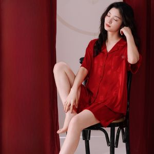 MiiOW | MiiOW Ice Silk Sleepwear Womens Summer New Short Sleeve Shorts Set Simple High-End Sensation Wearable Outdoor Home Clothes