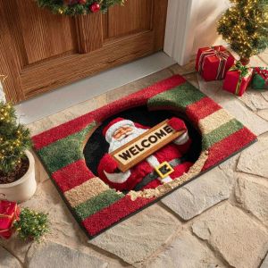 VIKAMA Vintage Santa Claus Doormat Chimney Tapestry Style Welcome Mat Non Slip Flannel Floor Rug for Front Door Christmas Decor