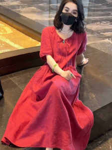 Advanced Feeling Linen Dress Red V-Neck Summer 2024 New Loose Fit Slimming French Style Long Dress For Women