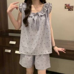 Sweet Bow Sleeveless Shorts Pajamas Women Girls Summer New Style Pijama with Chest Pad Cute Sleepwear Two Piece Home Outfit Set Worn Outside