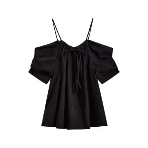 Y6Y | เสื้อเชิ้ตแขนสั้นสีดำสไตล์ฝรั่งเศสสำหรับผู้หญิงในช่วงฤดูร้อนปี 2025 ดีไซน์ใหม่ เสื้อเชิ้ตแขนพองแบบเกาะอก แขนกุด เสื้อผ้าทำงาน