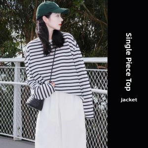 YUEZHONGWEI | Summer Thin Sun Protection Long Sleeve Striped T-Shirt Womens Loose Oversize Cover Up Air Conditioning Shirt Semi-Transparent Top