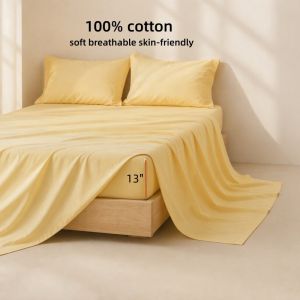 4Pcs Queen Sheet Set Soft Breathable Pure Cotton Fitted/Flat Sheet+Pillowcase High Density Home Hotel Bedding No Duvet Covet