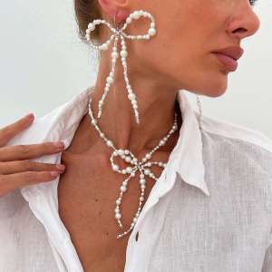 Ingemark | Ingemark Aesthetic Elegant Imitation Pearl Bowknot Pendant Choker Necklace Drop Earrings for Women Trend Wedding Jewelry Set
