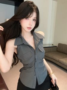 GUZILIAN | Elegant Design Polo Neck Striped Shirt Slim Fit Top
