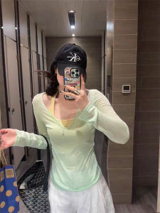 Loose Long Sleeve Womens T-shirt V-Neck Sundress Spring Summer Design Sense Transparent Korean Style Simple Color Matched Set