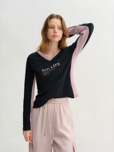 DUSHU | Slimming V-neck Color-block Long Sleeve T-shirt for Plus-size Women