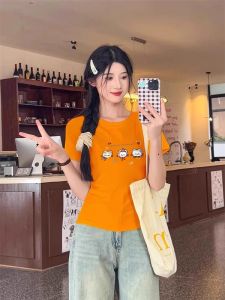 Orange Short Sleeve T-Shirt Womens Summer Dopaamine Sweet And Spicy Waist-Cut Slim Fit Pure Cotton Short Style Top Trendy