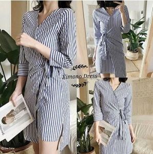 ECLAIRE 063 Dress Mini Wrap Kimono Longsleeves Motif Salur Garis-garis Stripe Korea Kasual Casual 590