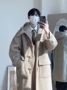 Fall and Winter Horn Button Hooded Woolen Coat Boys Preppy Style Cotton and Thickening Mid Length Long Length above the Knee Woolen Outwear Tide