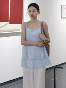 YUEZHONGWEI | Áo ba lỗ không tay màu xanh Pháp rỗng viền hoa mùa hè cho nữ Áo khoác ngoài đi biển rộng rãi dài vừa phải