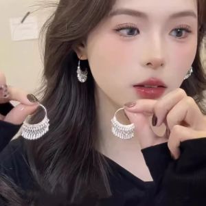 925 Silver Needle Tassel Earrings Elegant Simple Circle Silver Color Waterdrop Dangle Earrings Korean Style Fashion Jewelry