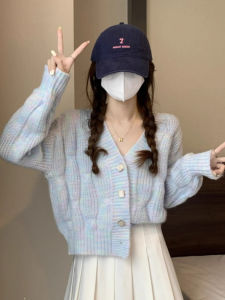 DUOFEIYAN | Soft and Gentle Blue V-Neck Knit Cardigan with Gradient Color  Short Sleeve