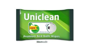 UNICLEAN Premium Bed Bath Wipes with Chlorhexidine Gluconate (CHG) (32cm x 32cm) ALCOHOL FREE RINSE FREE MICROWAVABLE with ALOE VERA & VITAMIN E