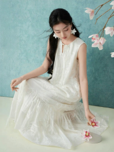 XIANGYING | New Chinese Style Sleeveless White Dress Summer New Design Bamboo Leaf Embroidery