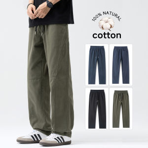 2026 Spring Summer Mens 100% Cotton Cargo Pants Loose Straight Casual Trousers Drawstring Waist Streetwear Fashion Work Pants