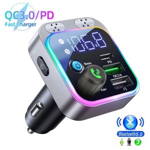 Kebidumei | Bluetooth 5.0 FM Transmitter 48W PD&QC3.0 Car Charger Dual Mics Deep Bass Sound with Voltage Display Hands-Free Call Adapter