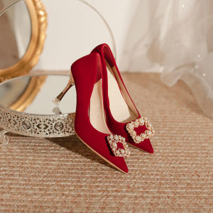 Pearl Square Buckle Red Wedding Shoes! Chinese Style Xiuhe Shoes Stiletto Suede Niche Style Bridal Shoes Engagement Toasting Shoes