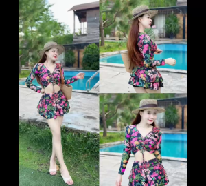 Bộ Đồ Bơi Nữ Áo Tay Dài Váy Xòe Đi Bơi Đi Biển Thun Lạnh Cao Cấp - Thời Trang Thể Thao Yoson