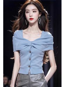 Stylish Blue Knitted Short Sleeve Shirt Womens Summer Fresh Style Unique Luxury Feel Small Fresh Color Block Design Top