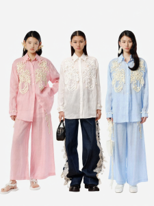 XIAOLI | Spring Summer Rope Embroidery Shell Ornament Linen Long Sleeve Shirt Blue