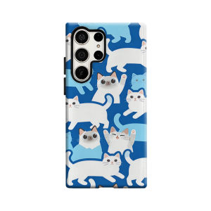 Potdemiel | Blue White Cat Phone Case for Samsung Galaxy S26 S25 Ultra S24 S23 Ultra Plus Shockproof Double Layer Tough Back Cover