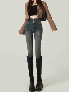 กางเกงยีนส์ทรงสลิมฟิตเอวสูงสำหรับผู้หญิง กางเกงขายาวทรงเข็มีดยืดหยุ่น กางเกงขายาวทรงเข้ารูปสำหรับผู้หญิง แฟชั่นฤดูใบไม้ผลิและฤดูใบไม้ร่วง