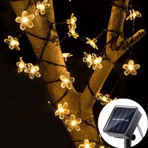 Solar Fairy String Light Sakura Garlands 5/7/12M Peach Flower Cherry LED Lamp for Wedding Party Garden Christmas Outdoor Decor