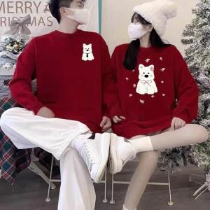 Special Autumn Winter Christmas High Quality Knitted Sweater Couple Matching Loose Fit round Neck Long Sleeve Print Top