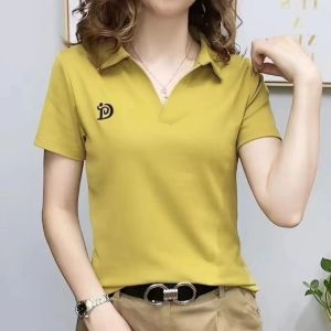 Internet Celebrity 100 KG Can Wear Avocado green Polo shirt Ladies V neck Short Sleeve T-shirt Women Summer New Style High Quality Stretch Age reduction Casual blouse