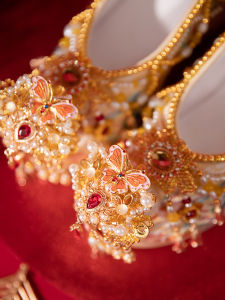 Champagne Color Chinese Traditional Hanfu Wedding Shoes New Bride High Heels Embroidered Footwear for Bridal Gown And Ceremony