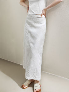 Miccbeirn | Pure Linen Embroidered Halter Neck Mini Dress Stylish Slimming A-Line Skirt For Commuting High Waistlined Standard Fit Long Skirt