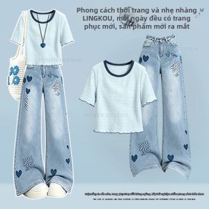 NUMEN BUTTON | Bộ Áo Thun Thiết Kế Sóng Ngắn Và Quần Jeans Họa Tiết Tim