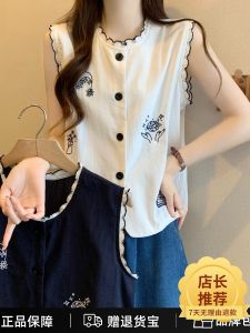 เสื้อกั๊กผ้าฝ้ายลินินปักลายสไตล์ใหม่ฤดูร้อนปี 2025 เสื้อเชิ้ตผู้หญิงคอโปโลแขนสั้นขอบลูกไม้แฟชั่น