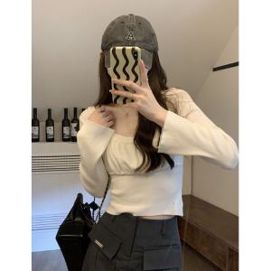 เสื้อยืดแขนยาวผ้าไหมน้ำแข็งถักทรงหลวมสำหรับผู้หญิง ฤดูใบไม้ร่วง/ฤดูหนาว เสื้อชั้นในสั้น แฟชั่นลำลอง คอตตอนผสม