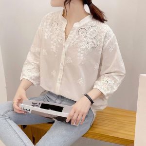 High-End Japanese Style Womens Embroidered Hollow Out Shirt with Seven-Half Sleeves Casual Linen Blouse for Spring and Summer