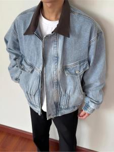 แจ็คเก็ตยีนส์ทรงหลวมสไตล์อเมริกัน สไตล์ฮิปสเตอร์ ทรงเข้ารูป ปกโปโล สำหรับผู้ชายและผู้หญิง แจ็คเก็ตยีนส์ฤดูใบไม้ร่วงใหม่