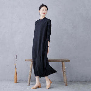 Elegant Black Long Qipao Silk Cotton Embroidered Seven Sleeve Chinese Style Loose plus Size Improved Version Floral Pattern