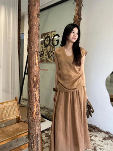 Elegant Casual Sleeveless Womens Two-Piece Set Summer New Fashion Chinese Style Top Half-length Skirt Polyester Fiber round Neck