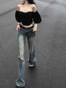 Quần Jeans Ống Loe Phong Cách Retro Cạp Lửng Cho Nữ Mùa Hè Quần Jeans Ống Loe Cao Cấp Denim 96% Dài Đến Sàn