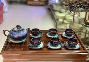 (TỔNG HỢP) Bộ ấm chén Bát Tràng men hỏa biến mới màu xanh Bảo Bình cao cấp Bát Tràng